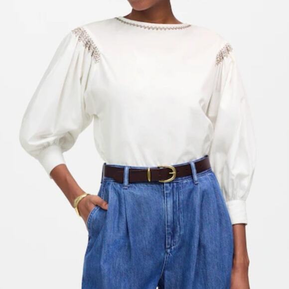 Madewell Tops - Madewell Embroidered Poplin Balloon Sleeve Top White Crewneck Cotton Zig Zag XL